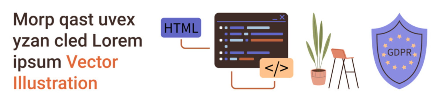 Data security, GDPR compliance, coding, programming, web development, digital protection. Coding screen with HTML and CSS tags, plant chair GDPR shield. GDPR compliance and coding concept
