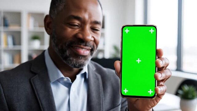 Man holding green screen smartphone device.
