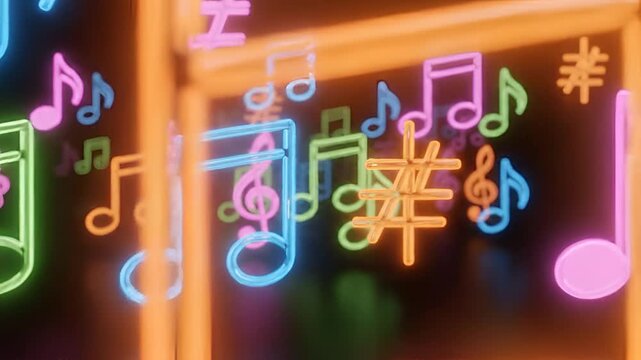 Vibrant Neon Music Notes Glowing in the Dark Background.