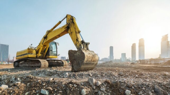 Excavator on construction site with city skyline in background. Heavy machinery preparing land for development. Urban infrastructure, engineering work and earthmoving concept