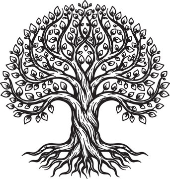Intricate tree of life illustration stylized roots branches and leaves detailed ornamental natural symbol folk art design.