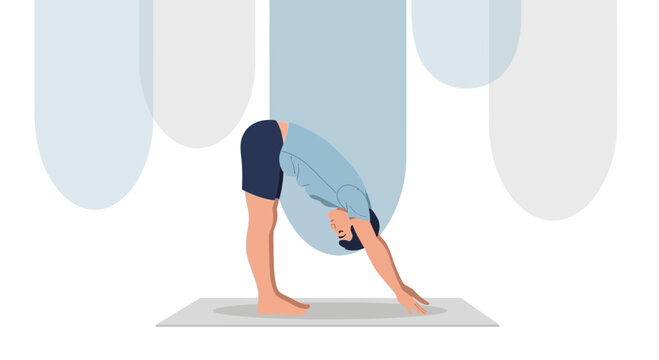 Man practicing yoga, forward fold pose, stretching hamstrings and back on mat