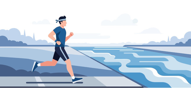 Man running by a river, healthy lifestyle, outdoor exercise, fitness, sports