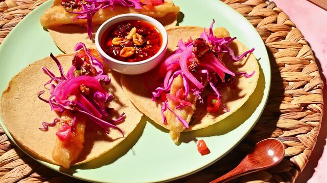 Ensenada tacos. Authentic Mexican dinner with a focus on textures and vibrant colors in shades of pink and green. Direct flash food video