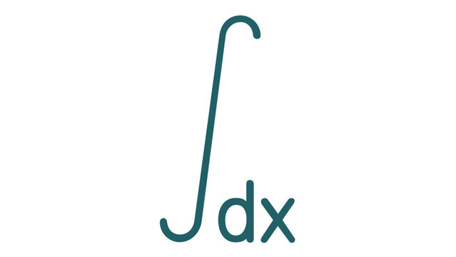 Mathematical integral symbol with dx notation vector icon illustration. Minimalist teal line art representing calculus, integration, and advanced math. Scalable flat design for science education.