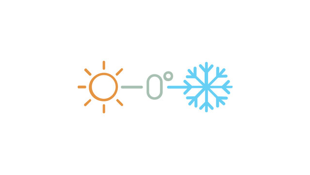 Vivid vector illustration of a temperature transition icon featuring a sun symbol, zero degrees mark, and a snowflake, representing hot to cold weather changes in a minimalist flat style.