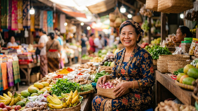 Friendly and attractive older female seller holding shallots in a bustling local bazaar. Highlighting healthy living and active aging. Generative AI.