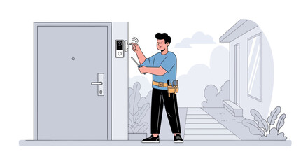 Fototapeta premium Handyman installing smart doorbell on house entrance, home security technology