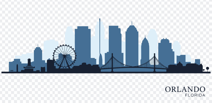 Orlando florida city skyline with ferris wheel and bridge in blue silhouette