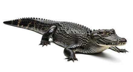 Fototapeta premium Black caiman or alligator isolated on white background. Powerful predator reptile in side view profile for wildlife education, zoo advertising, nature documentaries, and reptilian biology study.