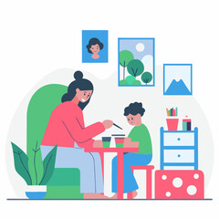Fototapeta premium Happy Mother Helping Her Child Painting with Watercolors at Home