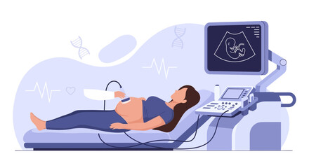 Obraz premium Pregnant woman undergoing ultrasound scan, showing fetus on screen, medical technology concept