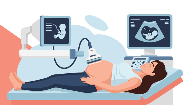 Pregnant Woman Undergoing Ultrasound Scan, Baby Image on Screen, Medical Technology