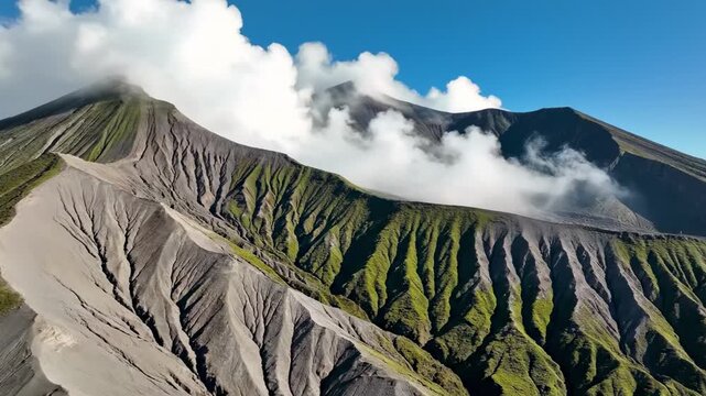 Volcanic mountain ridges etched with dramatic erosion lines and wrapped in moving cloud, showcasing stark ash slopes, vivid green textures, and a striking scenic highland view under blue sky