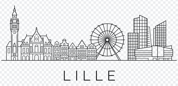Black and white illustration of lille city skyline with ferris wheel and clock tower