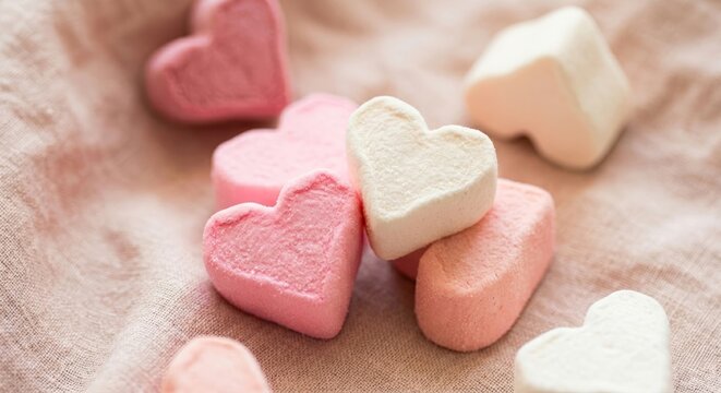 Close up of pastel marshmallow hearts on soft fabric background. Gentle light, romantic mood, sweet dessert concept with soft textures and shallow depth of field.