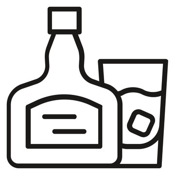 Black line art vector icon illustration of a liquor bottle and a glass with an ice cube, representing whiskey, rum, or spirits, ideal for bar menus, beverage branding, and cocktail graphics.