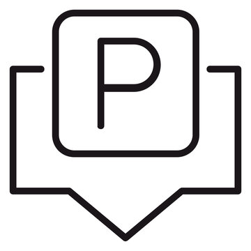 Black line vector illustration of a parking location map pin icon, featuring a rounded square with a capital letter P inside a pointer symbol, perfect for navigation and traffic apps.