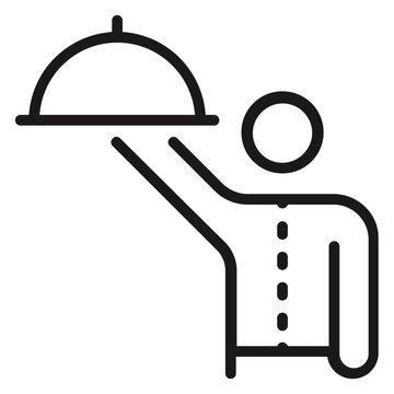 Waiter holding a food cloche vector icon illustration. Minimalist black line art symbol of a restaurant server carrying a meal tray with a dome cover for catering and hospitality services.