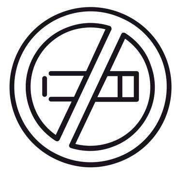 No Smoking Sign Vector Icon Illustration. Minimalist Black Line Art Prohibition Symbol Featuring a Cigarette Inside a Crossed-Out Circle. Scalable Graphic for Health and Public Safety Signs.