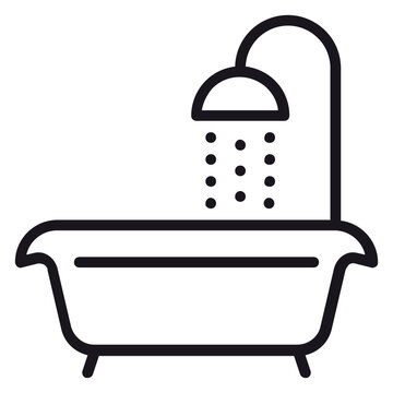 Bathtub with Shower Head Vector Icon Illustration. Minimalist Black Line Art Symbol of a Bath Tub and Showering Water Droplets for Bathroom Interior Design, Hygiene, and Personal Care.