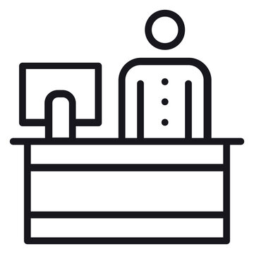Receptionist at Desk with Computer Monitor Vector Icon Illustration. Professional Customer Service Representative Behind Counter Silhouette Symbol for Office, Hotel, or Business Concept.