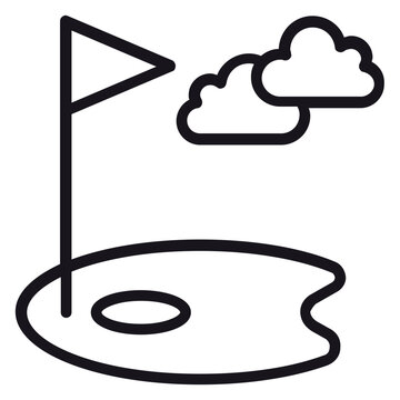 Minimalist black line art vector icon of a golf hole with a flagstick and clouds, representing a golf course green, sports, and outdoor leisure activities, isolated on a white background.