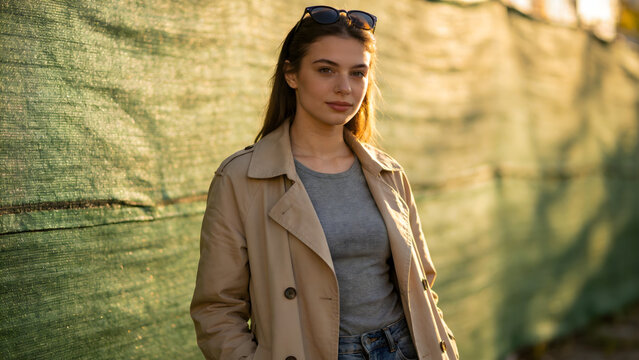 Woman in coat with sunglasses on head