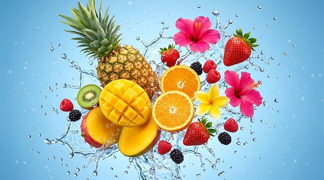 Percikan Buah Tropis Segar dan Bunga Eksotis