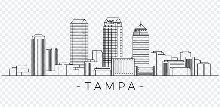 Black and white line drawing of tampa city skyline with tall buildings