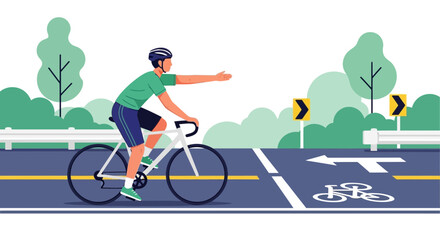 Fototapeta premium Cyclist signaling turn on bike lane with road signs and trees in background