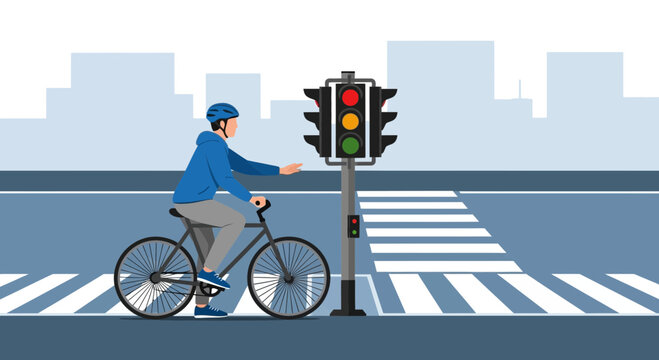 Cyclist stops at red traffic light on crosswalk, urban street scene
