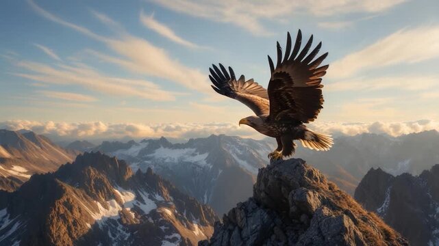 Majestic eagle atop a rocky peak with outstretched wings, overlooking a vast mountain range