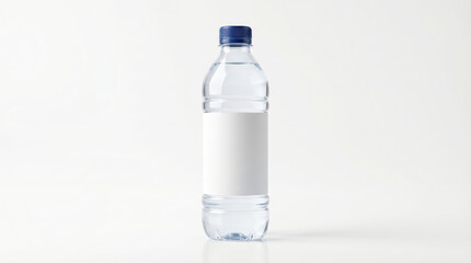 Fototapeta premium Plastic water bottle with blue cap and blank label on white background.