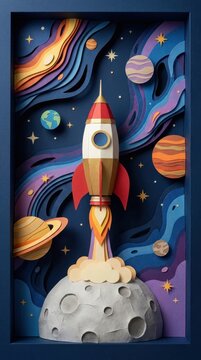 A vibrant rocket ship blasts off from the moon into a colorful galaxy filled with planets and stars