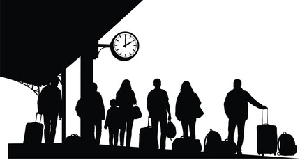 People wait at a train station with a clock striking silhouette © Nazrul