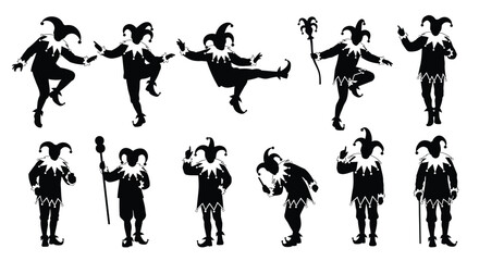 Obraz premium Collection of black silhouettes depicting various jester poses silhouette