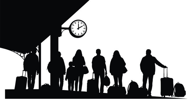 People wait at a train station with a clock striking silhouette