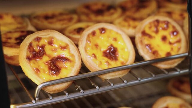 Pasteis and Pastel de nata, traditional Portuguese egg custard tart pasty cakes, dessert Pasteis de nata with different pastry in the cafe, bakery display window, Pastel de belem, Lisbon, Portugal