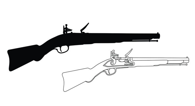 Antique flintlock rifle diagrams a full view and cross section silhouette