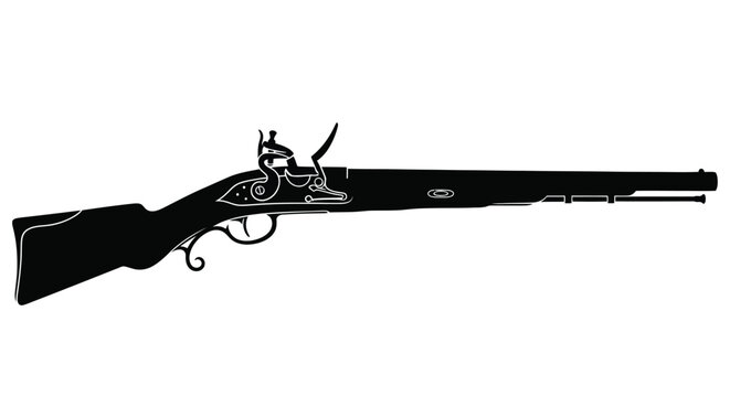 Detailed depiction of a flintlock rifle in stark black silhouette