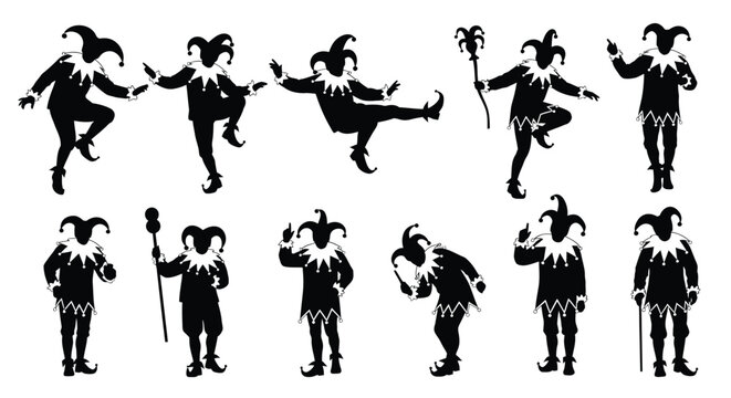 Collection of black silhouettes depicting various jester poses silhouette