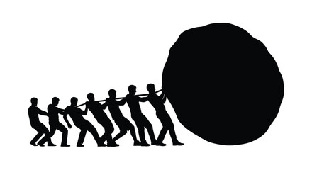 Teamwork concept with people pushing a large boulder a dark silhouette © Nazrul