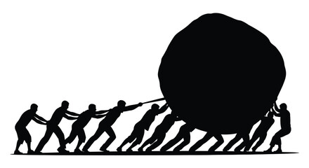 Teamwork concept depicting people pulling a large boulder silhouette © Nazrul