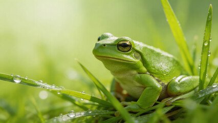 Fototapeta premium Green frog on dewy grass