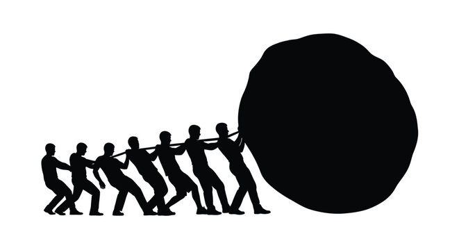 Teamwork concept with people pushing a large boulder a dark silhouette