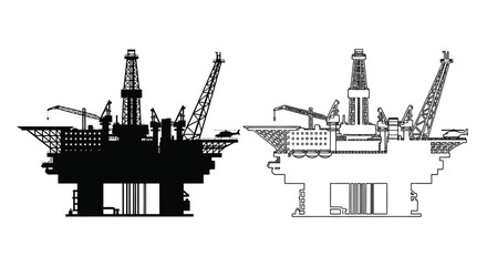 Detailed oil rig structures shown in black and white a striking silhouette © Nazrul
