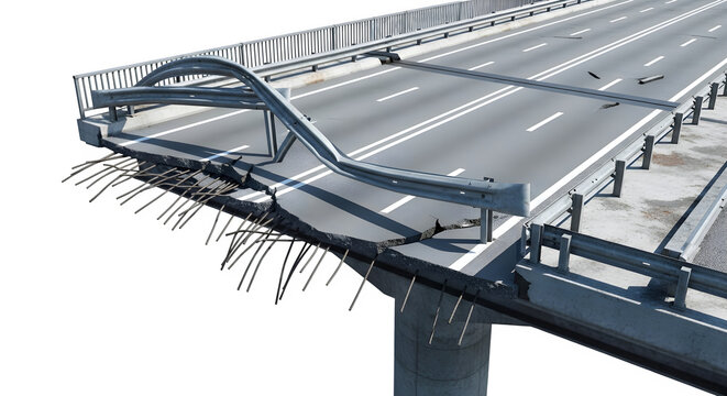 Broken highway bridge with collapsed asphalt and exposed rebar, damaged concrete overpass after disaster, destroyed road infrastructure on white background