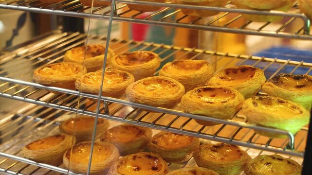 Pasteis and Pastel de nata, traditional Portuguese egg custard tart pasty cakes, dessert Pasteis de nata with different pastry in the cafe, bakery display window, Pastel de belem, Lisbon, Portugal