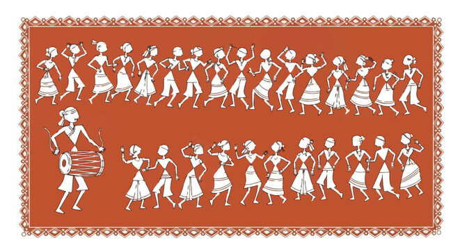 Traditional Warli painting of tribal dancers and drummer, ethnic Indian folk art vector, terracotta brown and white rustic cultural illustration